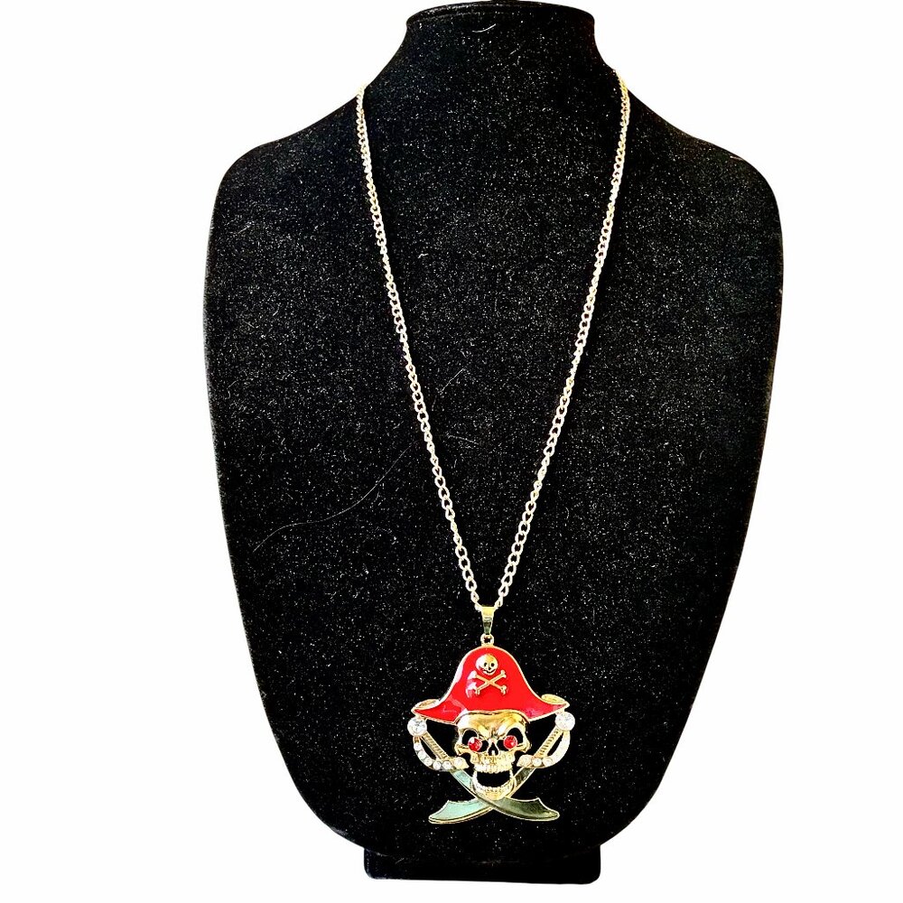Pirate Pendant Necklace Skull Swords Rhinstones Enamel Halloween Costume